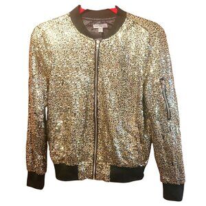 Vintage CASTING L.A. Gold & Black Sequin Bomber Jacket Front Zip Women's Medium
